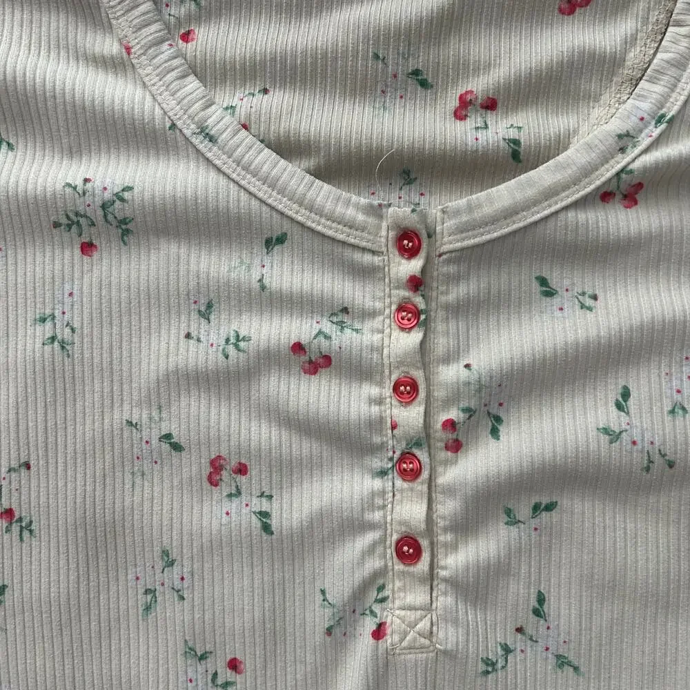 Laura Ashley Floral Ribbed Nightgown Cream Cherry Print Henley Sleep Shirt L